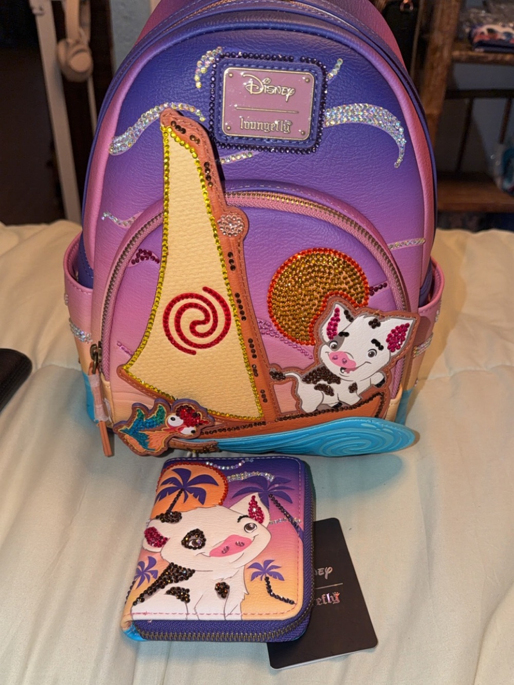 Loungefly bedazzled Purple and Pink Ombre Pua Mini Backpack with Matching Wallet